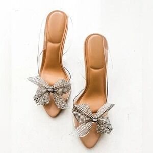 Zara Clear Vinyl Rhinestone Bow Pointed Toe Heeled Sandals Tan 39 2349/210/111